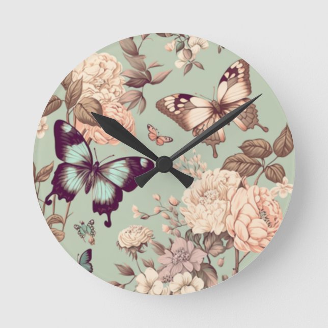 Horloge Ronde Papillons et fleurs vert pastel (Recto)
