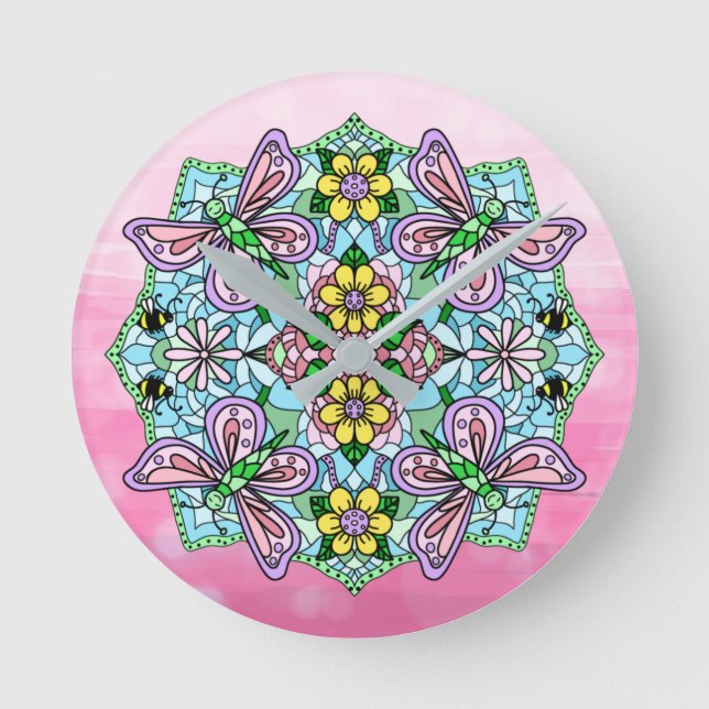 Horloge Ronde Papillons et fleurs violets, roses Mandala (Recto)