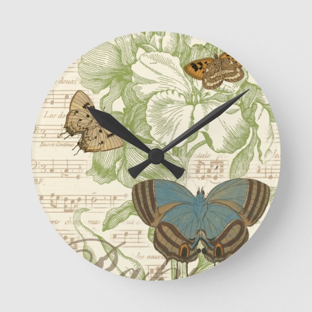 Horloge Ronde Papillons sur la musique de feuille avec la (Recto)
