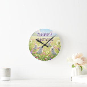 Horloge Ronde Pâques Lavande Mignon Lapin Blanc Floral Printemps