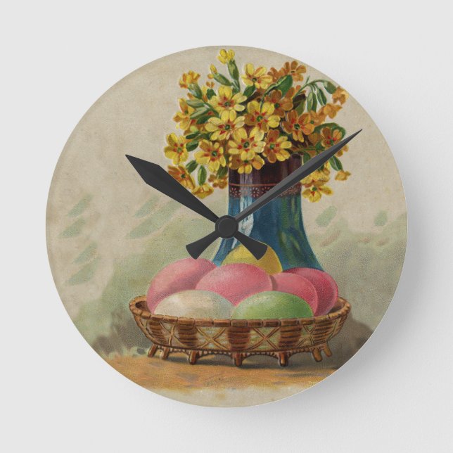 Horloge Ronde Pâques Panier Œufs Fleurs Antique (Recto)
