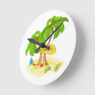 Horloge Ronde Paradis de plage tropicale – Art mural, palmiers,