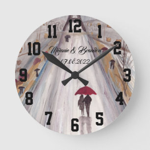 Horloge Ronde Parapluie rouge Amour couple rustique romantique M