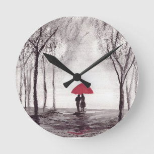 Horloge Ronde Parapluie rouge couple rustique romantique vintage