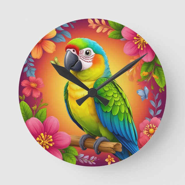 Horloge Ronde Parrot Vibrant Perché Sur Une Branche (Recto)