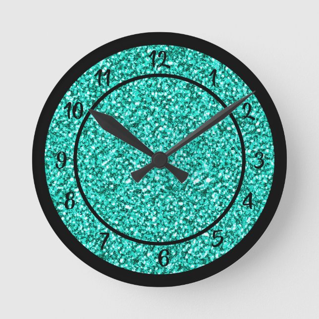 Horloge Ronde Parties scintillant bleu turquoise en verre étince (Recto)