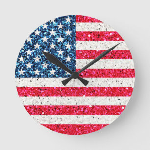 Horloge Ronde Parties scintillant Bleue Rouge Patriotique Améric