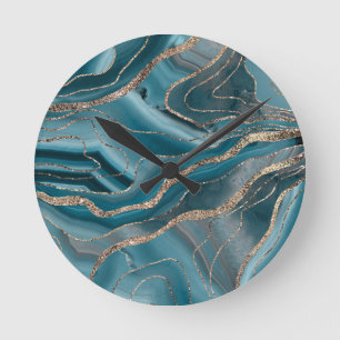 Horloge Ronde Parties scintillant d'or de l'agent gris bleu Glam