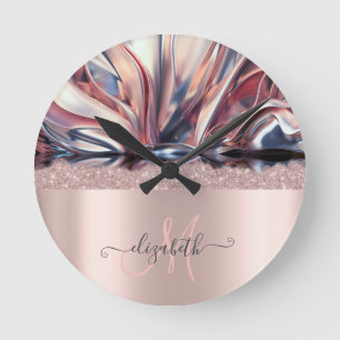 Horloge Ronde Parties scintillant moderne Rose or Monogramme Abs