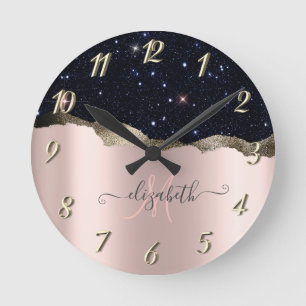Horloge Ronde Parties scintillant noire moderne Rose or Monogram