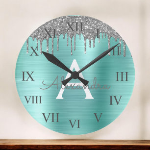 Horloge Ronde Parties scintillant Turquoise argentée en métal br