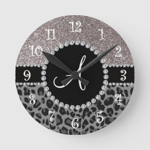 Horloge Ronde Parties scintillantes noires d'argent de léopard