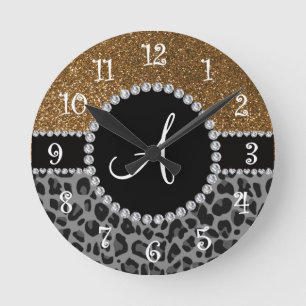 Horloge Ronde Parties scintillantes noires d'or de léopard de