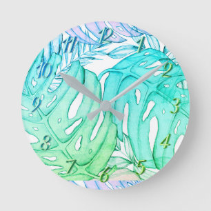 Horloge Ronde Pastel monstera feuille de palmier aquarelle tropi