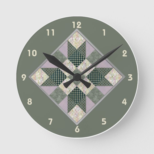 Horloge Ronde Patch Star Quilt Block à Lavender & Green (Recto)
