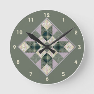 Horloge Ronde Patch Star Quilt Block à Lavender & Green
