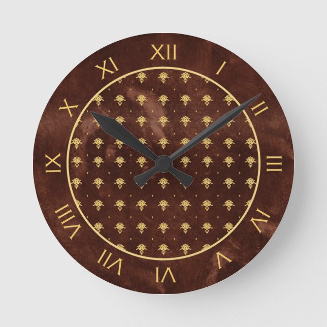 Horloge Ronde Pattern Leather Brown et Gold Damask (Recto)