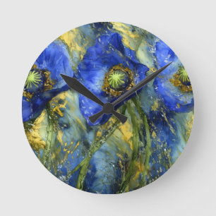 Horloge Ronde Pavots bleus royaux dans un tourbillon d'or