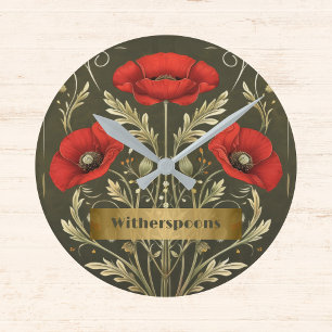 Horloge Ronde Pavots Rouges Dorés Art Nouveau Monogramme Vintage