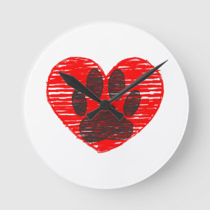 Horloge Ronde Paw Chien Croquis Dans Le Coeur Rouge