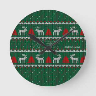 Horloge Ronde Pays des merveilles d'hiver, sapin vert avec Renne