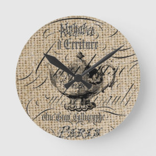 Horloge Ronde pays français burlap scripts teapot tea party