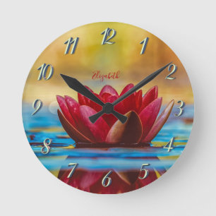 Horloge Ronde Paysage à la Fleur de Lotus Rouge, Zen