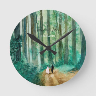 Horloge Ronde Paysage boisé mariage Aquarelle
