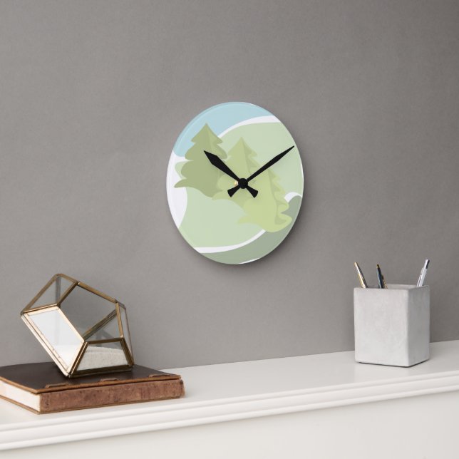 Horloge Ronde Paysage naturel Abstrait avec sapins et ciel (Bureau)