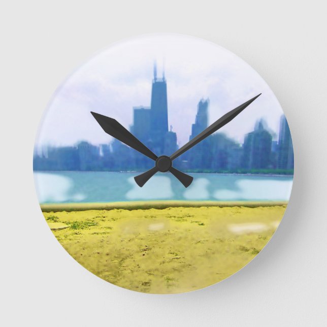 Horloge Ronde Paysage urbain de Chicago peint à l'aérographe (Recto)