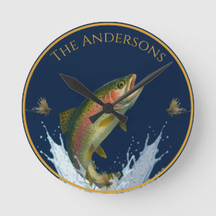 Horloge Ronde Pêche à la mouche aquarelle truite poisson marine 