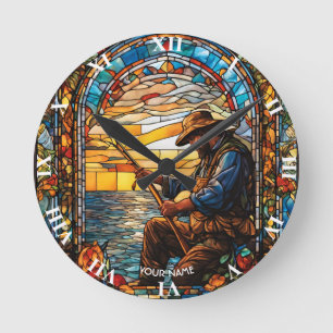 Horloge Ronde Pêche Imaginaire Cute en Verre Tiré Pêcheur