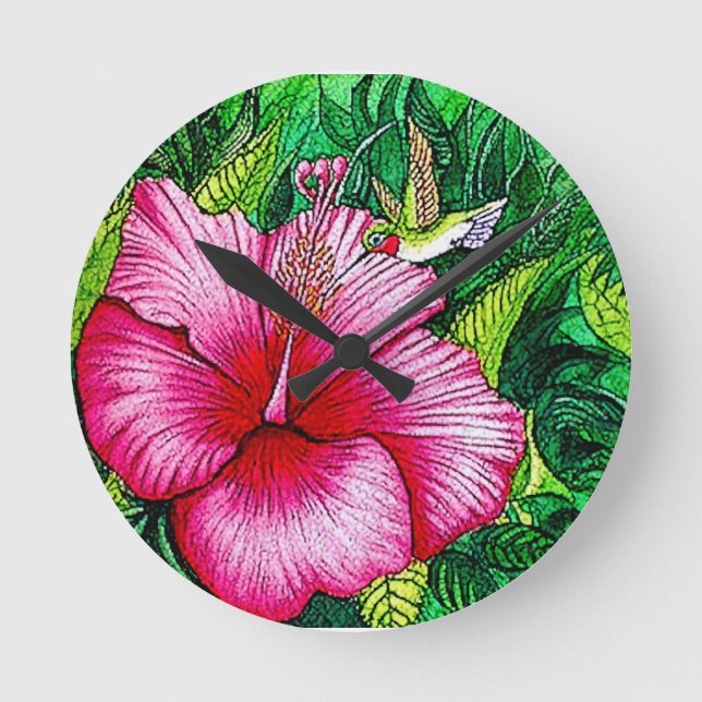 Horloge Ronde Peinture à l'aquarelle de l'Hibiscus d'colibri (Recto)