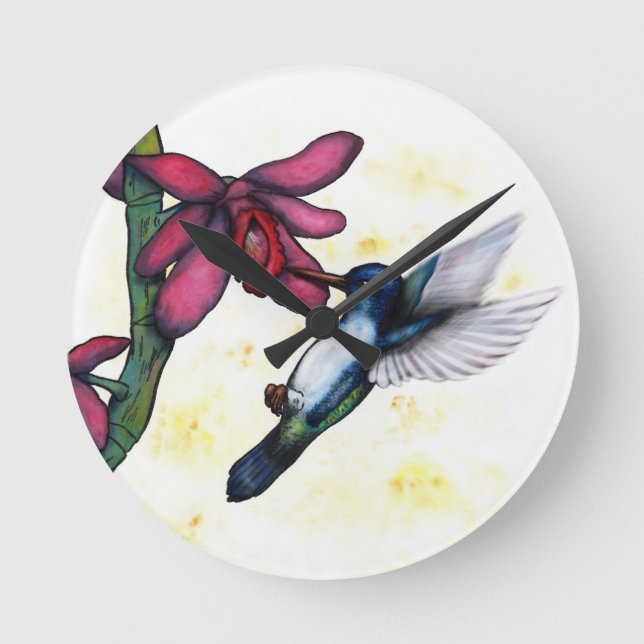 Horloge Ronde peinture à l'aquarelle vol colibri et orchidée (Recto)