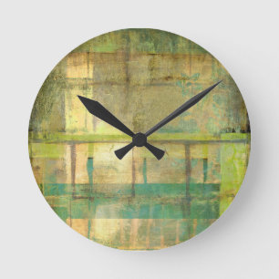 Horloge Ronde Peinture Abstraite dorée turquoise et verte