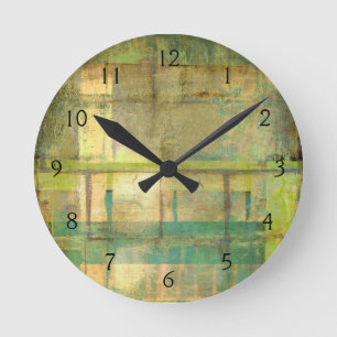 Horloge Ronde Peinture Abstraite dorée turquoise et verte