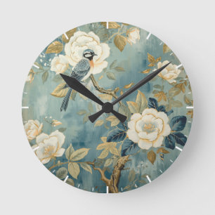 Horloge Ronde Peinture de fleurs blanches crème de merlebleu