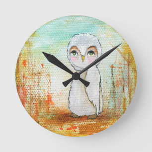 Horloge Ronde Peinture lunatique d'art de hibou de région bois