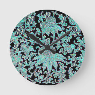 Horloge Ronde Peony flower turquoise and black