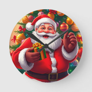 Horloge Ronde Père Noël avec sapin de Noël et cadeaux
