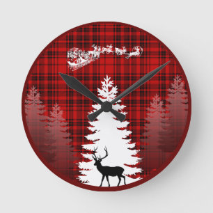 Horloge Ronde père Noël cerf de Noël arbre rouge à damiers plaid