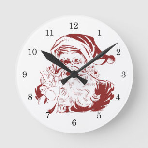 Horloge Ronde Père Noël jovial en rouge Fun Retro Noël