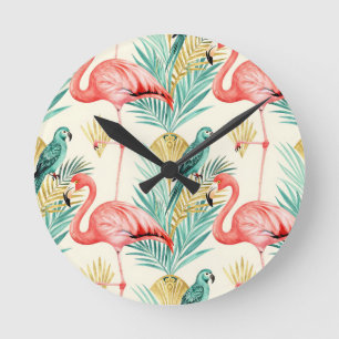 Horloge Ronde Perroquet Flamant Tropical Jungle