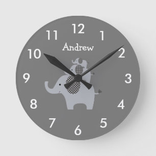 Horloge Ronde Personalized Gray Elephant Nursery Round Clock