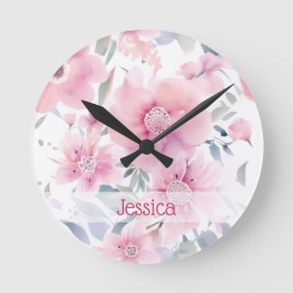 Horloge Ronde Personalized Pink Floral Watercolor 