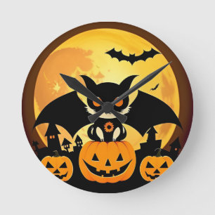 Horloge Ronde Personnage de chat mignon d'Halloween avec des cit