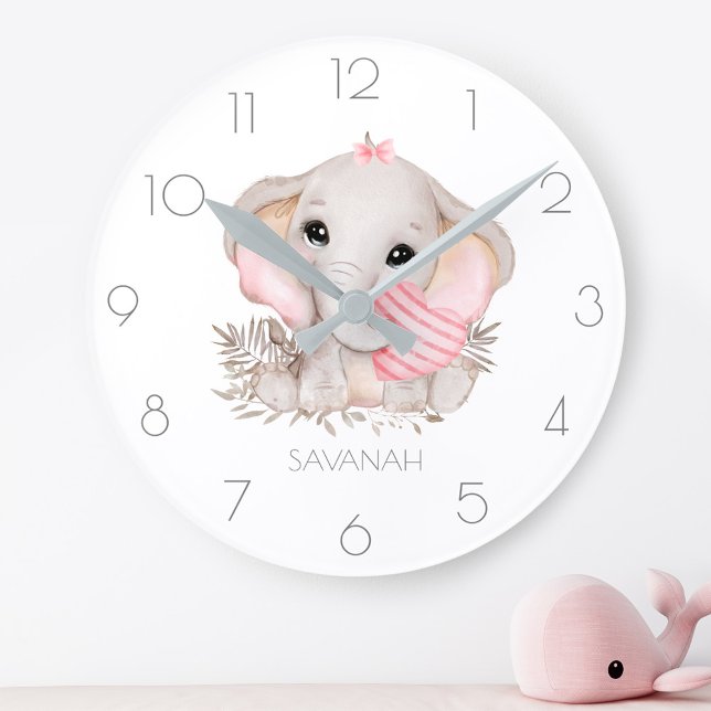 Horloge Ronde Personnalisé mignon éléphant fille rose (Créateur téléchargé)