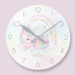 Horloge Ronde Personnalisé mignon licorne fille arc-en-ciel rond