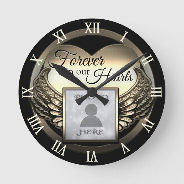 Horloge Ronde Personnalisé Photo Gold Memorial Heart  (Recto)