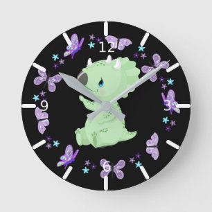 Horloge Ronde Personnalized Floral Baby Triceratops et Butterfli